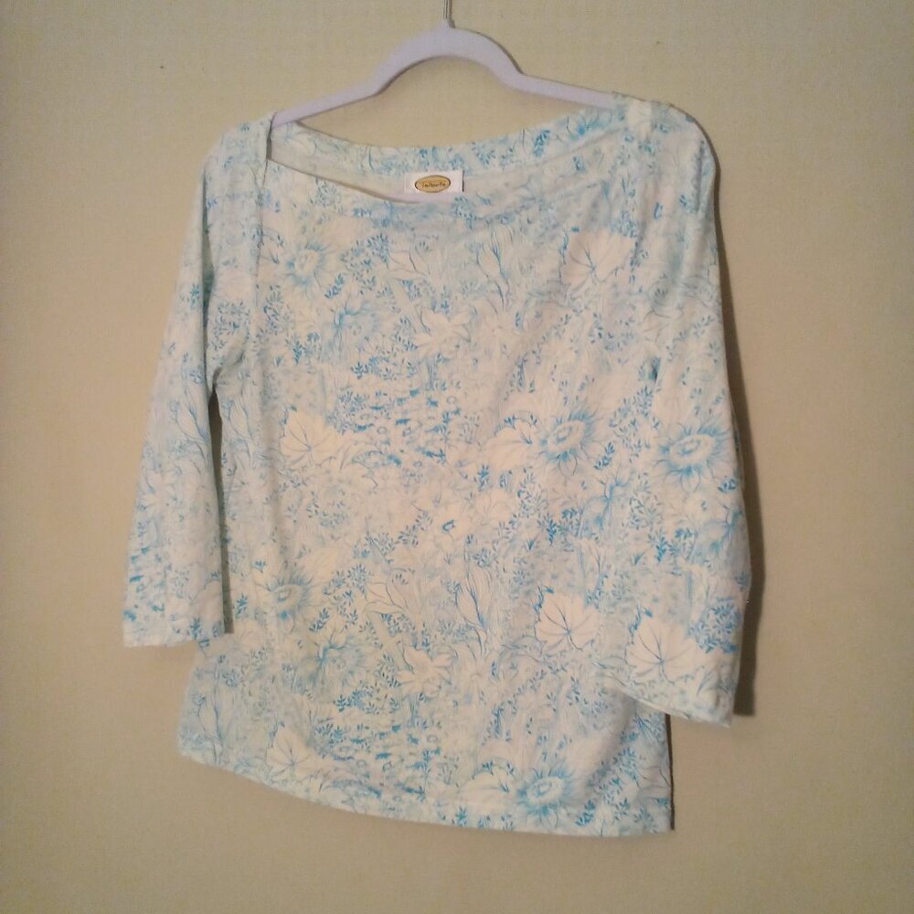 Talbots White and Light Blue Floral Boatneck Blouse